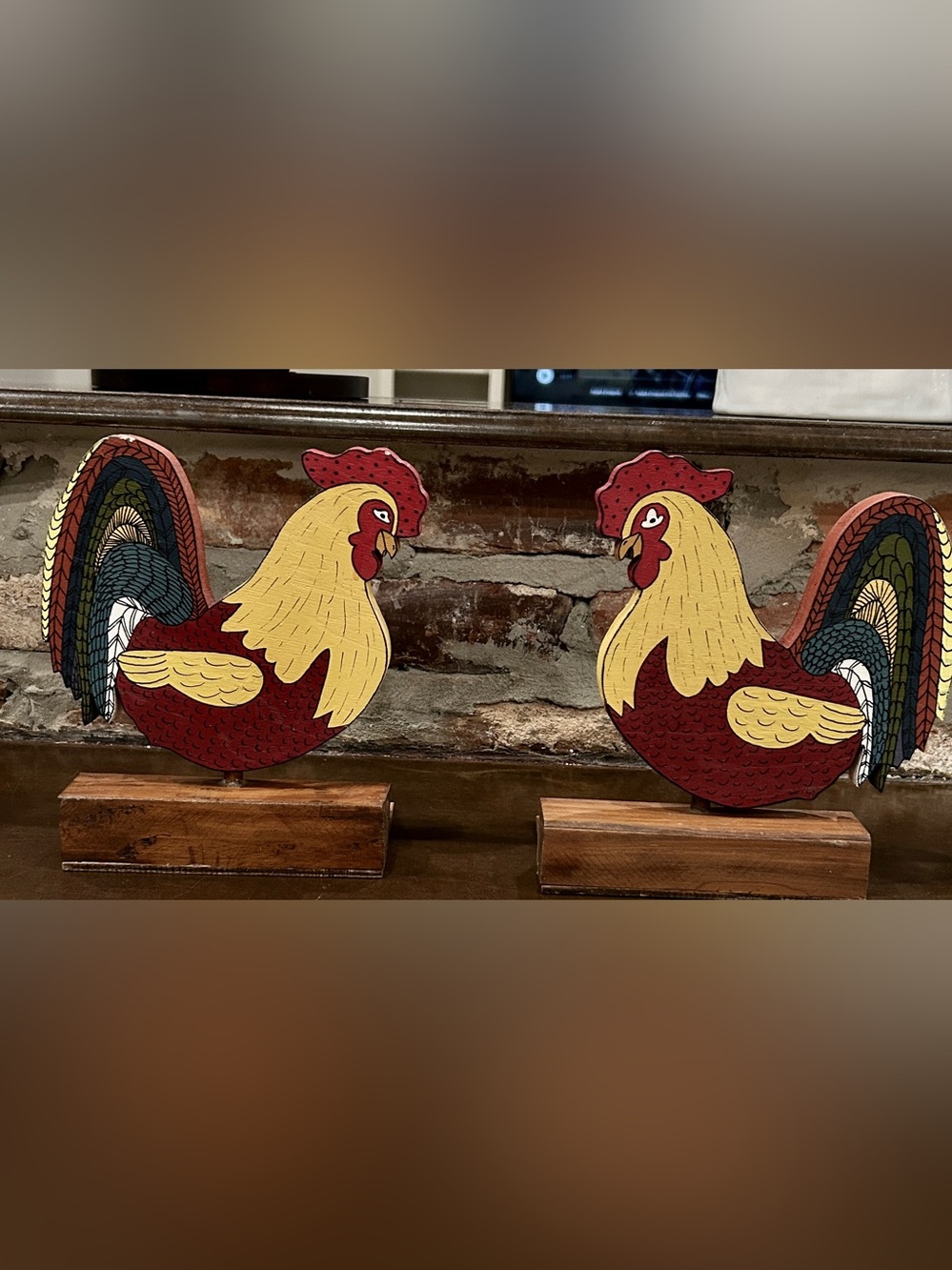 Country Critters Hand Painted Wood Rooster Bookends Set of 2 Farmhouse Decor